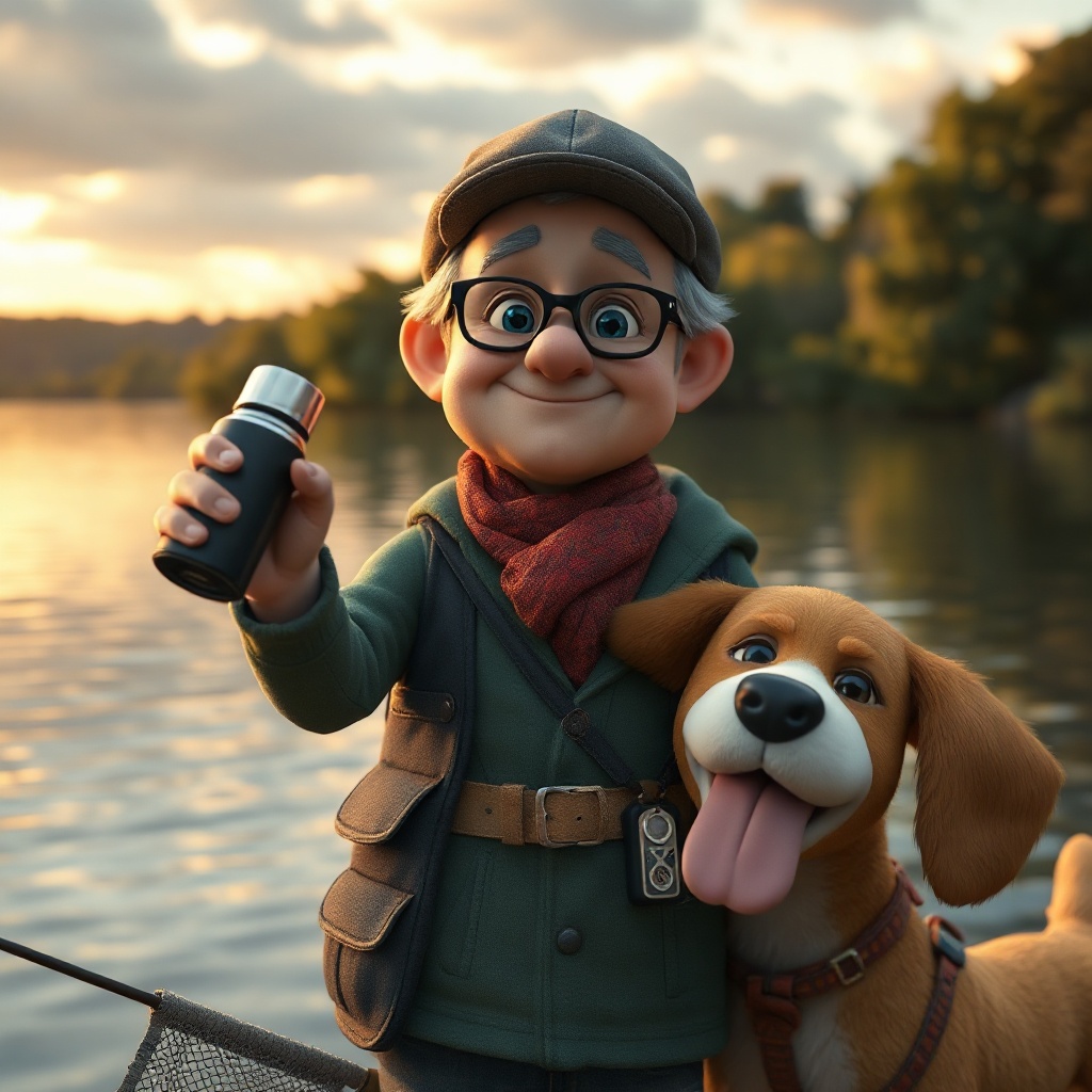 A fishing companion by the water