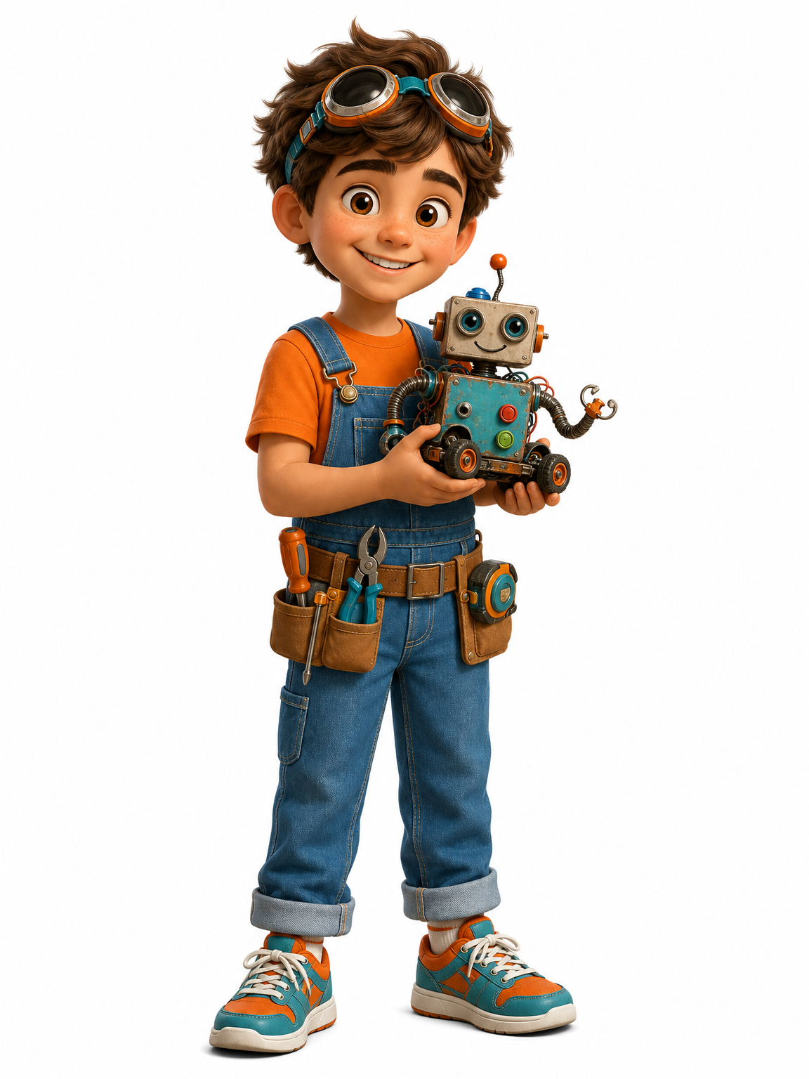 The Tinkering One holding a handmade robot